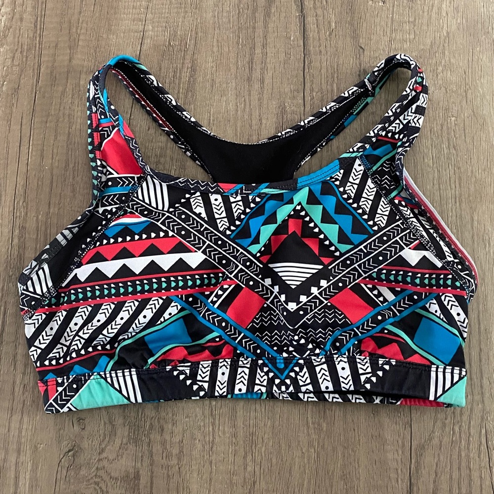 Colorful print racer back sports bra, medium